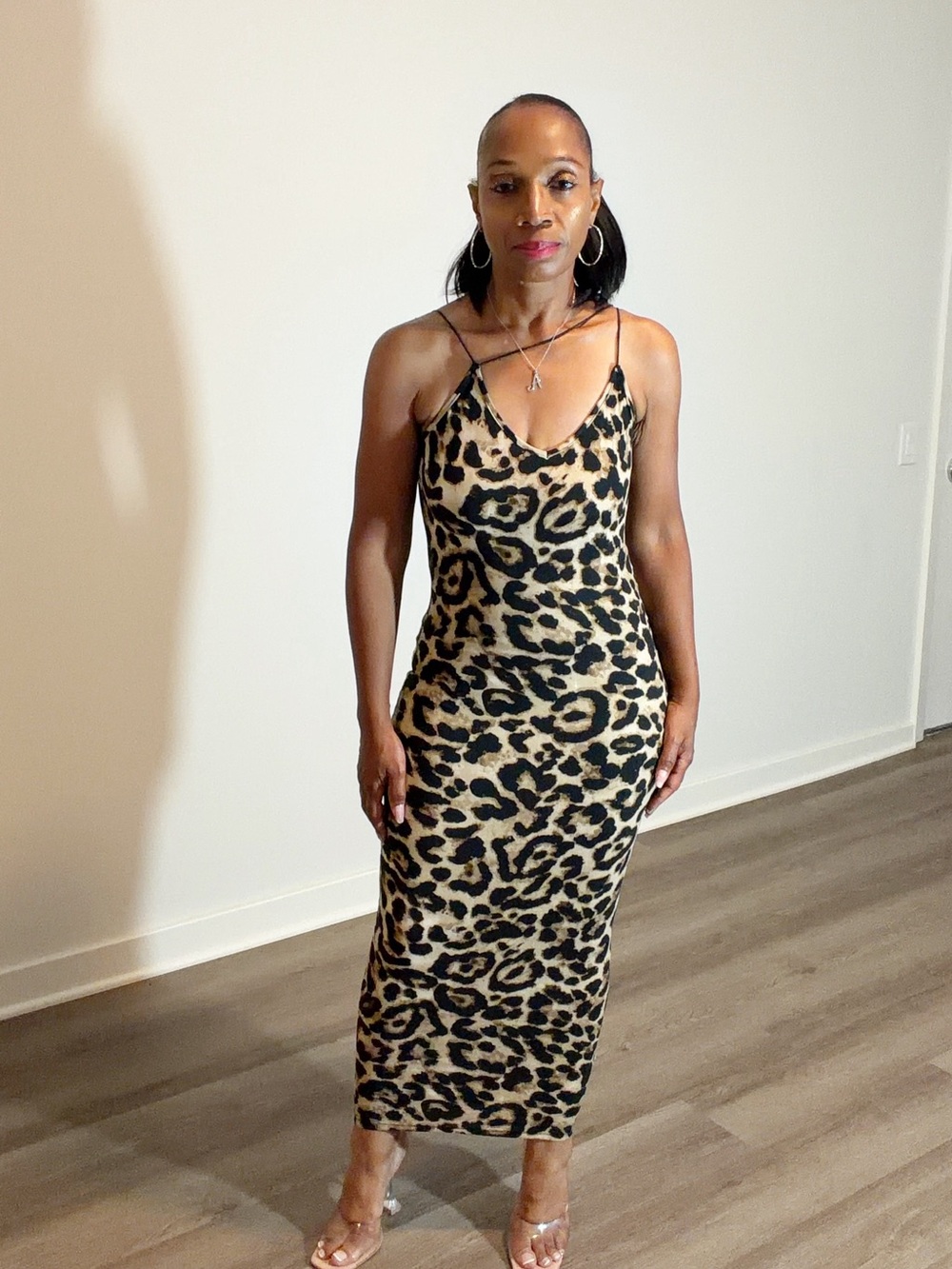 Leopard Print Slip Midi Dress - Beige/Black - Picture 2 of 7